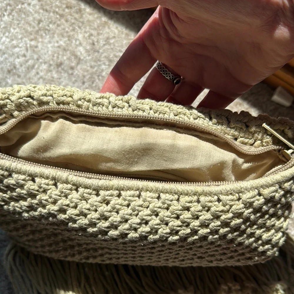 Boho Cream Crossbody Bag with Fringe Tassels Macrame.